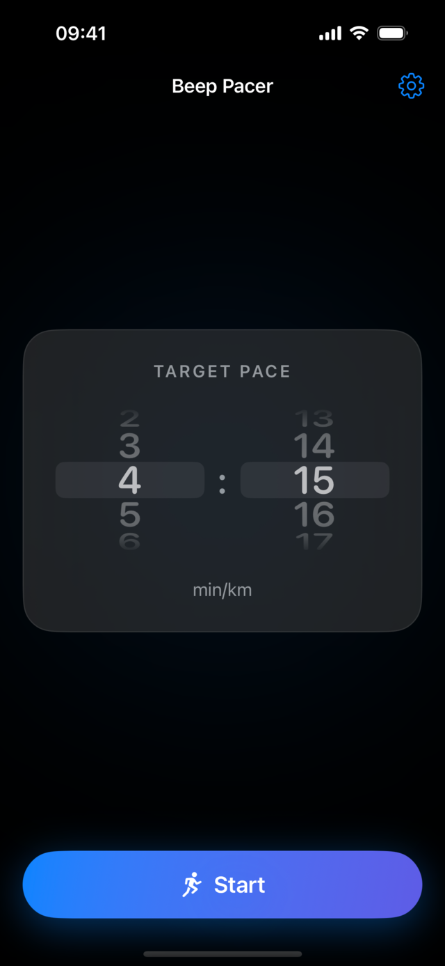 Beep Pacer home screen showing a 4:15 min/km target pace and a Start button