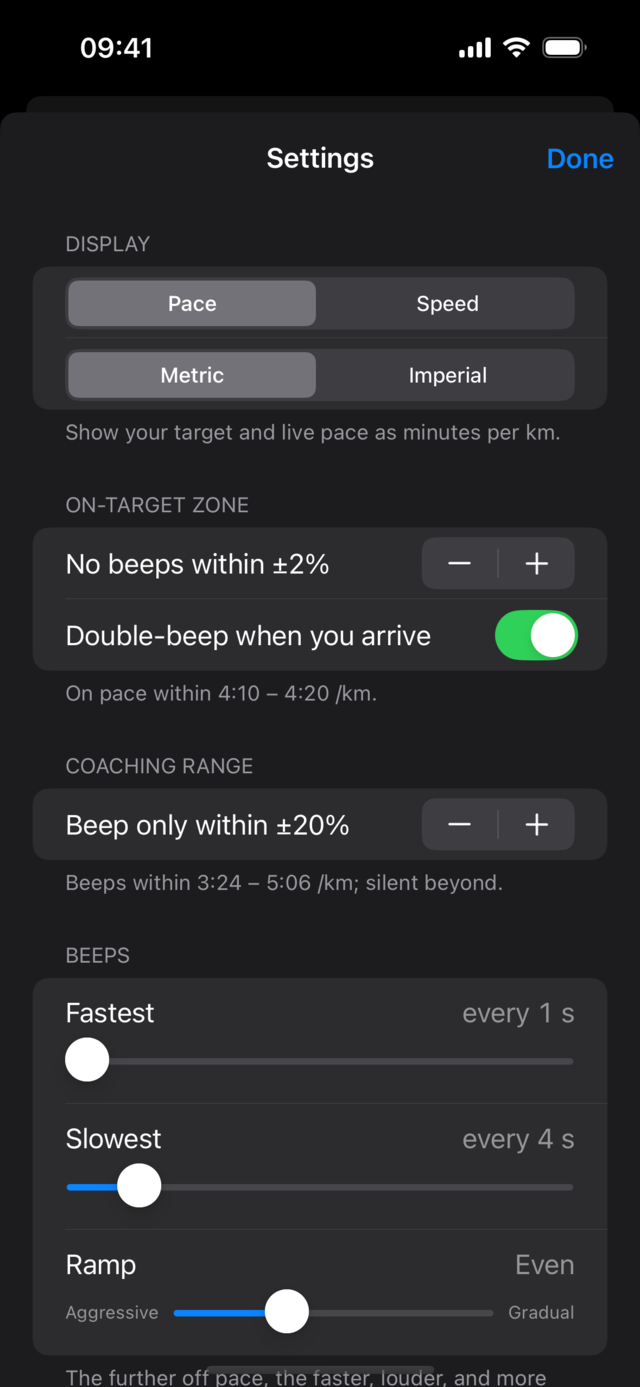 Beep Pacer settings: display units, on-target zone, coaching range, and beep timing